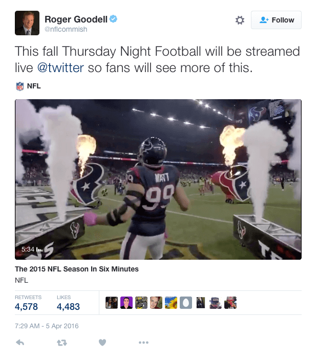 Roger Goodell Tweet. Thursday Night Football will stream live live on Twitter.