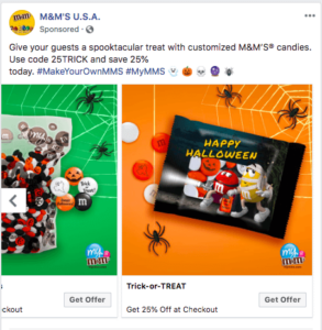 Facebook carousel Halloween ad for M&M's USA
