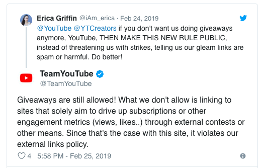 Tweet from YouTube regarding Twitters giveaway policies