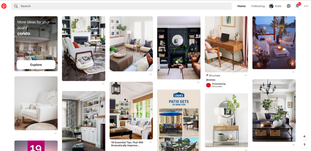 Image of a pinterest board based on someone with an interest in home decor and travel.