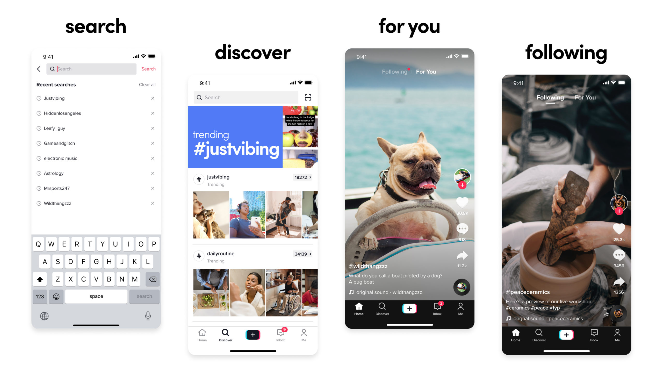 Search, discover, for you and following pages on TikTok