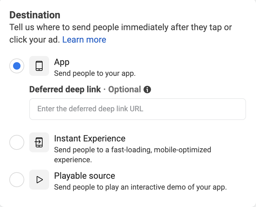 Within your App Install campaigns, you can use Deep Links to direct users to a specific page or piece of content