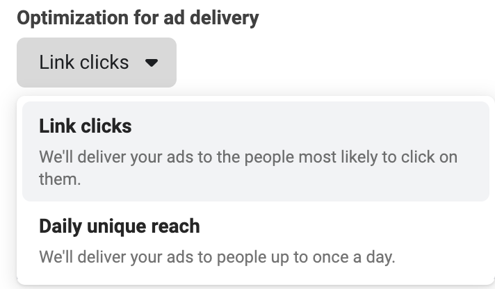App install optimization for Ad delivery. Link clicks and Daily unique reach