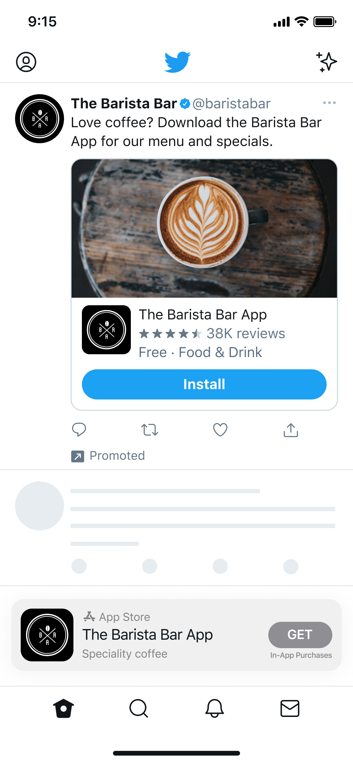 A sample App install ad on Twitter from Barista Coffee